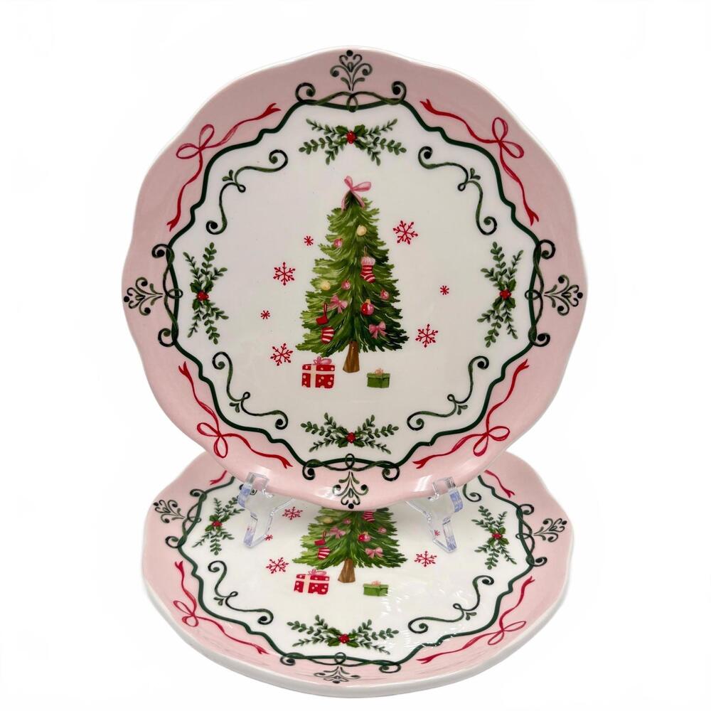 Potter's Studio Christmas Tree Plates Set of 2 Holiday Pink Trim Dessert
